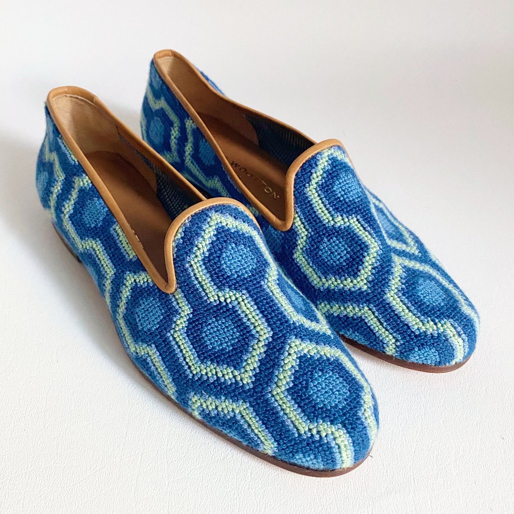 Stubbs & Wootton Blue Tapestry Flats Slipper Shoe Loafer Slip On Needlepoint - 7